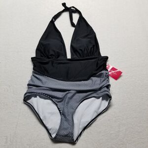 Jess Lea L One Piece Swimsuit  Padded Black White Plunge High Wasted Halter NEW